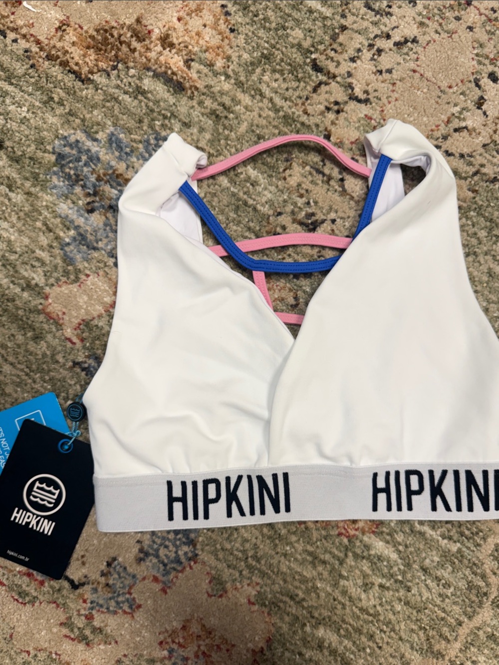 Sexy White Fitness Bra with Pink & Blue Strappy Front/Back